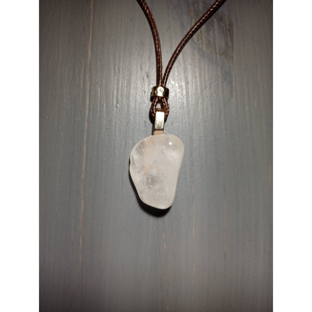 Clear Quartz Crystal Pendant Necklace Brown Waxed Cord 17in Adjustable
